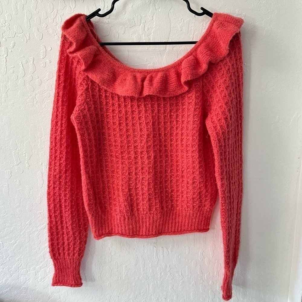Anthropologie Boat Neck Ruffle Waffle Knit Sweater Pink Size S - Picture 2 of 6